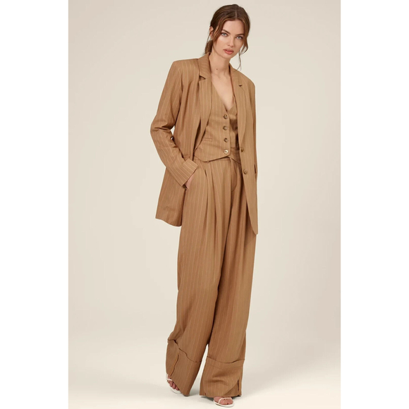 Nicholas $495 CHARLEE Sz 6 Pinstripe Linen Blend Blazer Camel - Picture 2 of 12